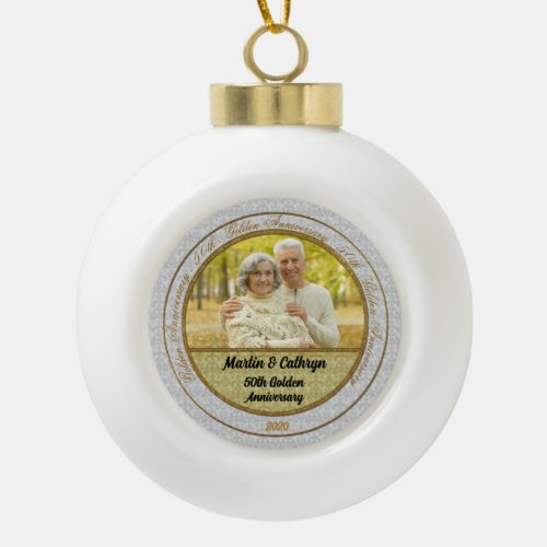 50th Golden Anniversary Damask with Photo Ceramic Ball Christmas Ornament