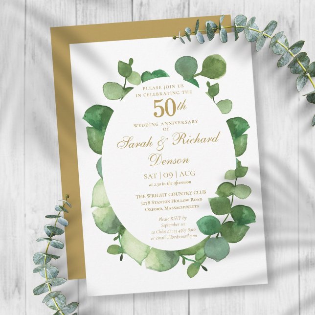 50th Golden Anniversary Eucalyptus Boho Greenery Invitation (Creator Uploaded)