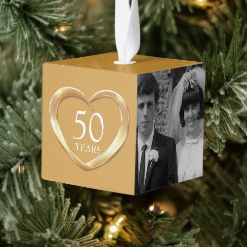 50th golden anniversary heart now and then photo cube ornament