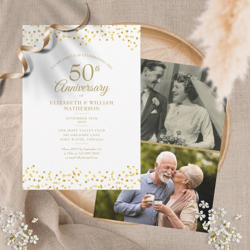 50th Golden Anniversary Love Hearts 2 Photo Invitation