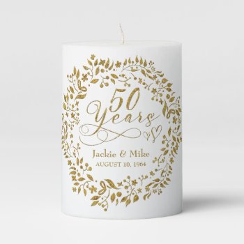 50th Golden Anniversary Personalized Gold White Pillar Candle by wasootch at Zazzle
