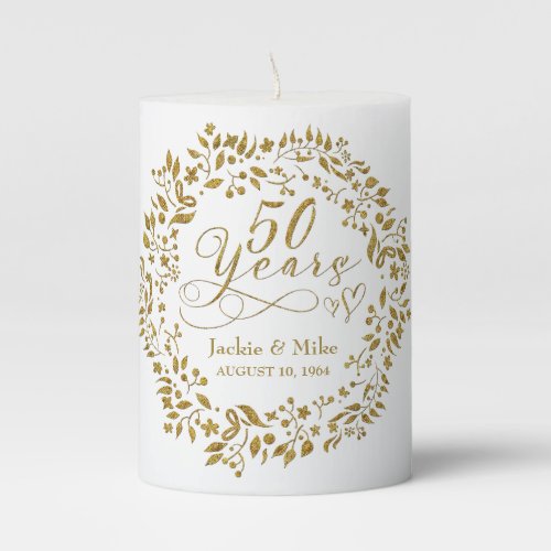 50th Golden Anniversary Personalized Gold White Pillar Candle