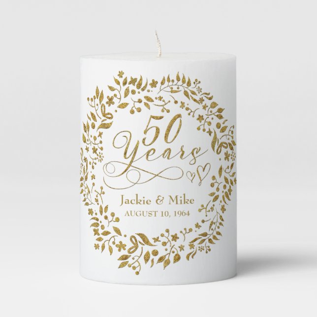 50th Golden Anniversary Personalized Gold White Pillar Candle (Front)