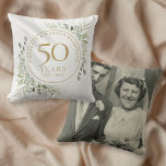 50th Golden Anniversary Photo Watercolour Greenery Throw Pillow<br><div class="desc">Featuring delicate soft watercolour country garden greenery,  this chic botanical 50th wedding anniversary pillow can be personalised with your special anniversary information in elegant gold text and your special photo on the reverse. Designed by Thisisnotme©</div>