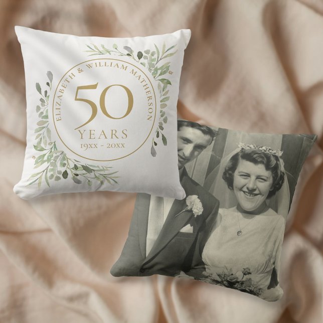 50th Golden Anniversary Photo Watercolour Greenery Throw Pillow (Creator Uploaded)