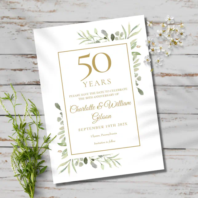 50th Golden Anniversary Save the Date Greenery | Zazzle