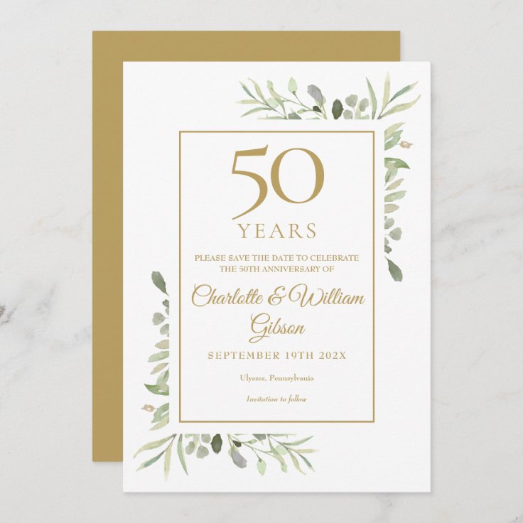 50th Golden Anniversary Save the Date Greenery Invitation | Zazzle