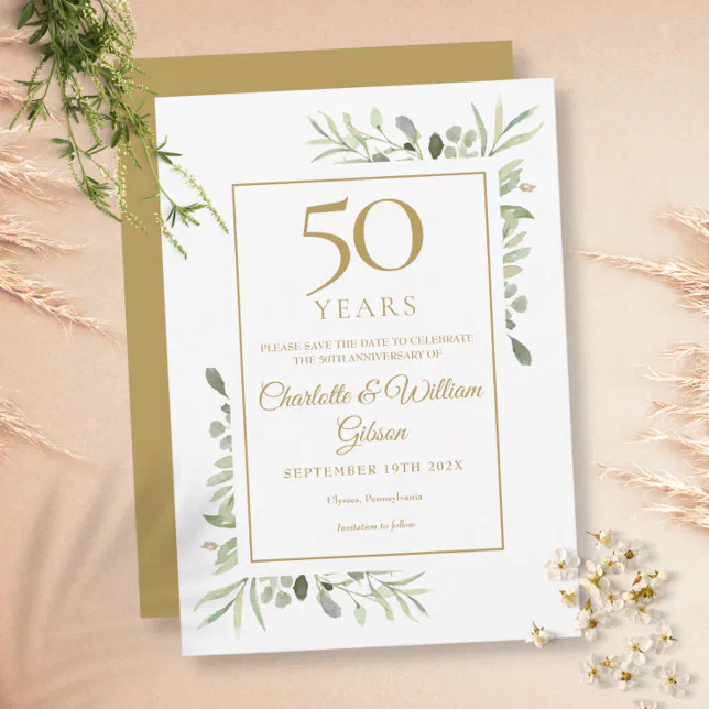 50th Golden Anniversary Save the Date Greenery Invitation | Zazzle