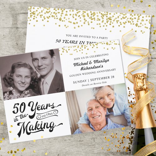 50th Golden Anniversary Then  Now Photos Confetti Invitation