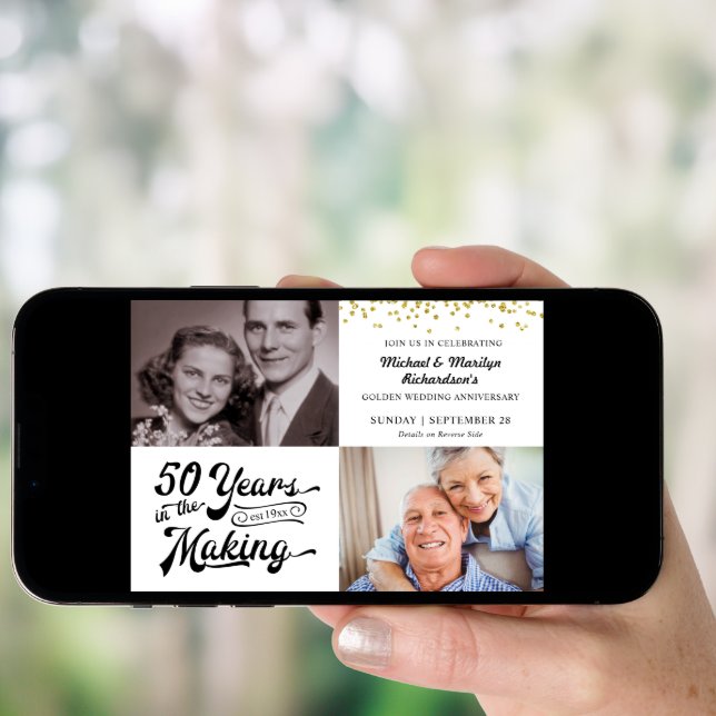 50th Golden Anniversary Then & Now Photos Confetti Invitation (Front Digital)