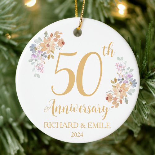 50th Golden Anniversary Watercolor Flower Ceramic Ornament