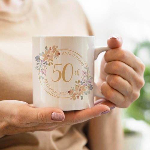 50th Golden Anniversary Watercolor Flower Wreath Coffee Mug