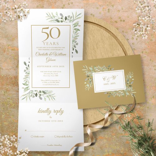 50th Golden Anniversary Wedding Greenery Floral Tri_Fold Invitation