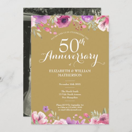 50th Golden Anniversary Wedding Photo Floral Roses Invitation