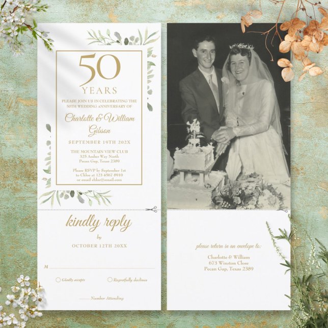 50th Golden Anniversary Wedding Photo Foliage RSVP Invitation