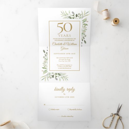 50th Golden Anniversary Wedding Photo Greenery Tri_Fold Invitation