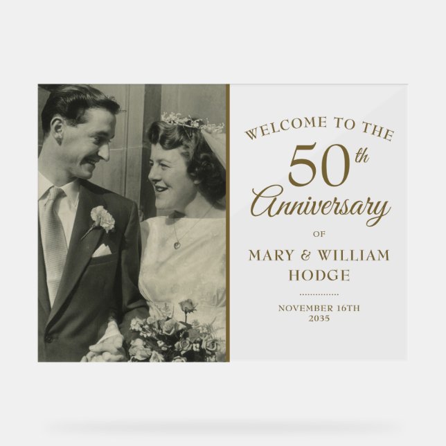 50th Golden Anniversary Wedding Photo Welcome Acrylic Sign (Front)