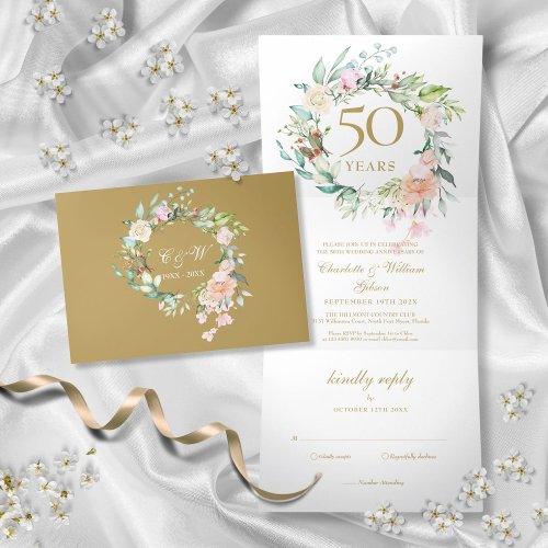 50th Golden Anniversary Wedding Roses Floral Tri_Fold Invitation