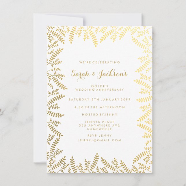 50th Golden Anniversary White Gold Foil Leaves Invitation (Front)