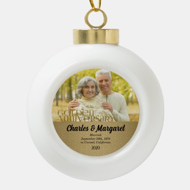50th Golden Anniversary with Name and Photo Ceramic Ball Christmas Ornament (Front)