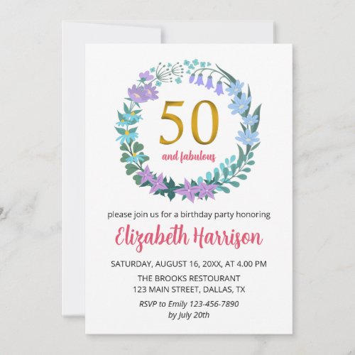 50th Golden Birthday Party Floral Wreath Bluebells Invitation