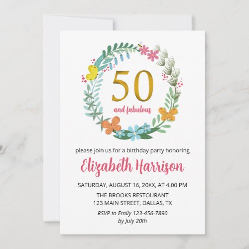 50th Golden Birthday Party Floral Wreath Butterfly Invitation