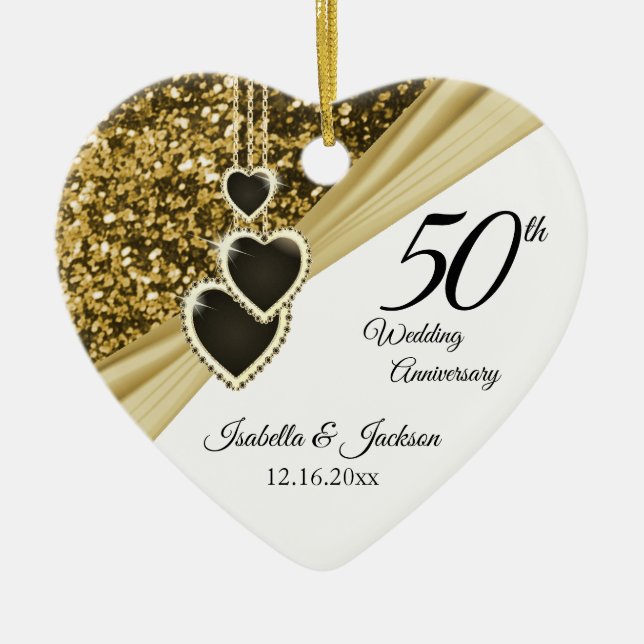 50th Golden Glitter Anniversary Ceramic Ornament (Front)
