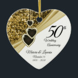 50th Golden Glitter Anniversary - Print Both Sides Ceramic Ornament<br><div class="desc">50th Anniversary Ornament Keepsake. Featured in a dark gold faux glitter pattern and white background with a diamond hearts hanging chain design. This beautiful Anniversary ornament will be a hit with that special couple. It would also work well for any other event or occasion such as an engagement, wedding, birthday,...</div>
