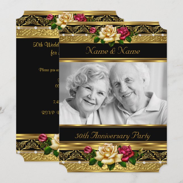50th Golden Photo Wedding Anniversary Party Rose Invitation (Front/Back)
