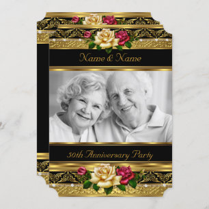 50th Golden Photo Wedding Anniversary Party Rose Invitation