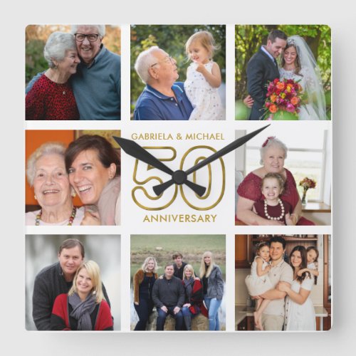 50th Golden Wedding Anniversary  8 Photo Collage  Square Wall Clock
