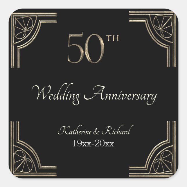 50th Golden Wedding Anniversary Art Deco on  black Square Sticker (Front)