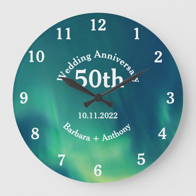 50th Golden Wedding Anniversary Aurora Borealis Large Clock (Front)