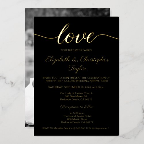 50th Golden Wedding Anniversary Black Custom Photo Foil Invitation