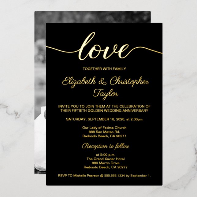 50th Golden Wedding Anniversary Black Custom Photo Foil Invitation (Front/Back)