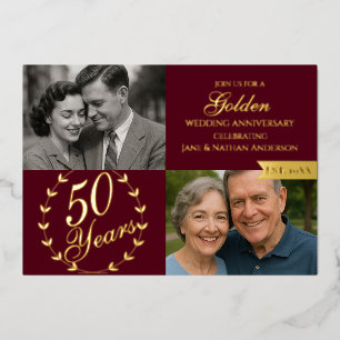 50th Golden Wedding Anniversary Burgundy Photo Foil Invitation
