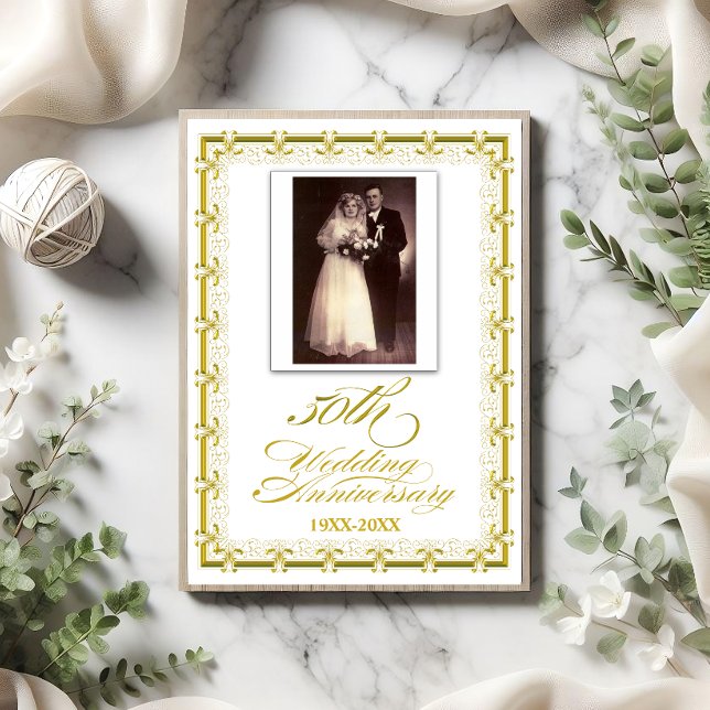 50th Golden Wedding Anniversary Celebration Invitation (Beautiful 50th wedding anniversary invite with photo and event details on the back.)