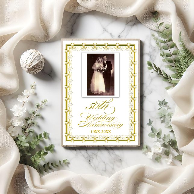 50th Golden Wedding Anniversary Celebration Invitation (Beautiful 50th wedding anniversary invite with photo and event details on the back.)