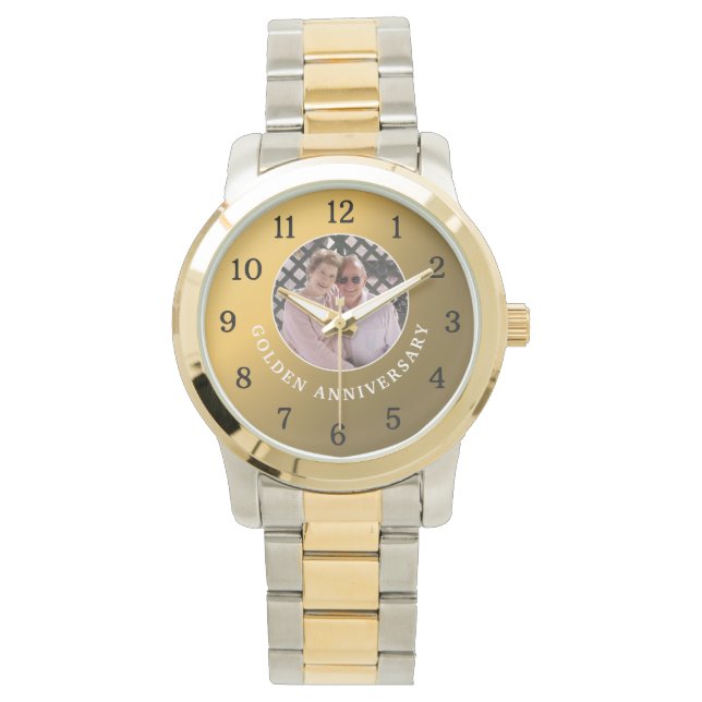 50th Golden Wedding Anniversary Couple Photo Gold Watch (Front)