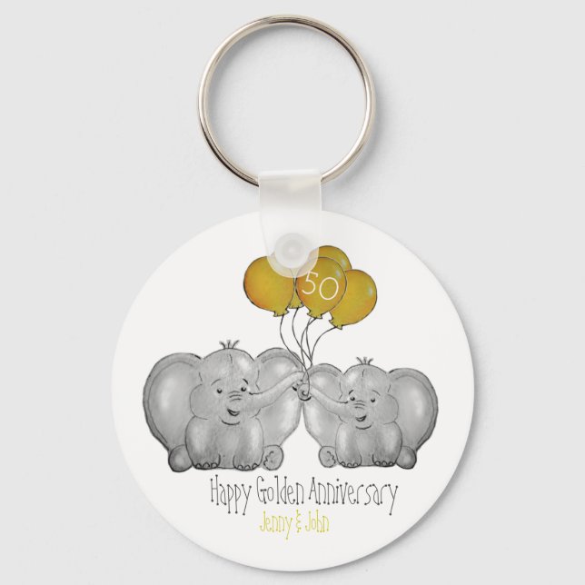 50th Golden wedding anniversary elephant Keychain (Front)