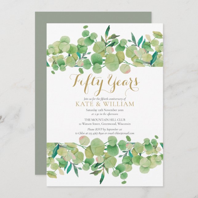 50th Golden Wedding Anniversary Eucalyptus Script  Invitation (Front/Back)