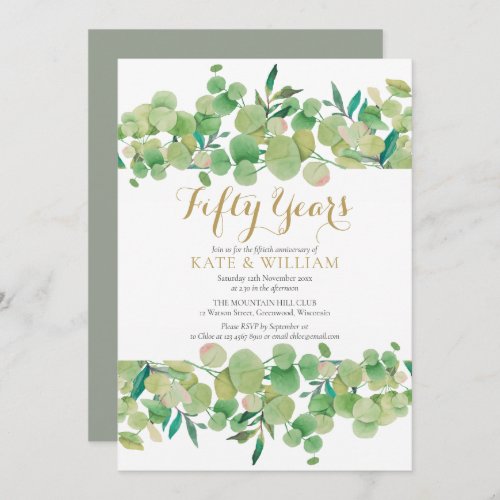 50th Golden Wedding Anniversary Eucalyptus Script  Invitation