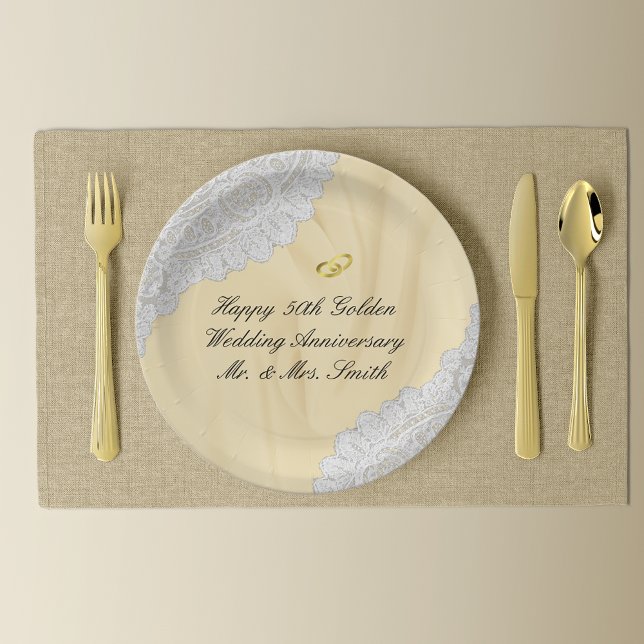 50th Golden Wedding Anniversary Faux Satin+Lace Paper Plates (Creator Uploaded)