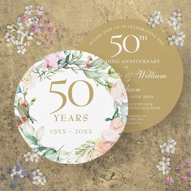 50th Golden Wedding Anniversary Floral Circular Invitation | Zazzle