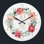 50th Golden Wedding Anniversary Floral Garland Large Clock<br><div class="desc">Featuring a delicate watercolor floral garland,  this chic botanical 50th wedding anniversary clock can be personalized with your special golden anniversary details set in elegant typography. Designed by Thisisnotme©</div>