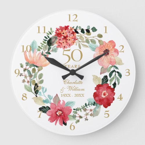 50th Golden Wedding Anniversary Floral Garland Large Clock