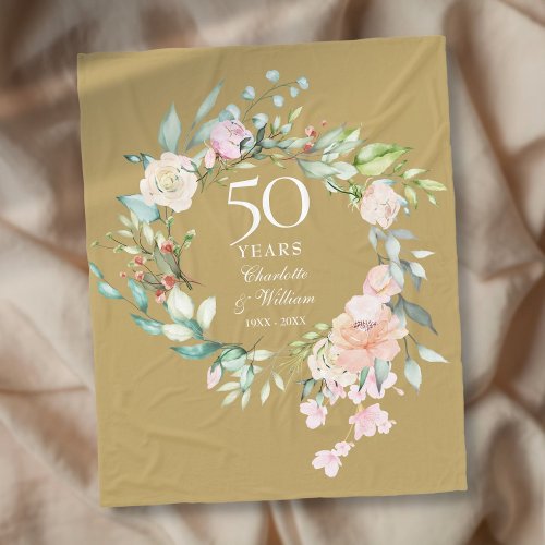 50th Golden Wedding Anniversary Floral Gold Fleece Blanket