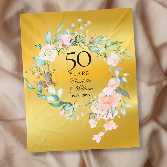 50th Golden Wedding Anniversary Floral Gold Foil Fleece Blanket | Zazzle