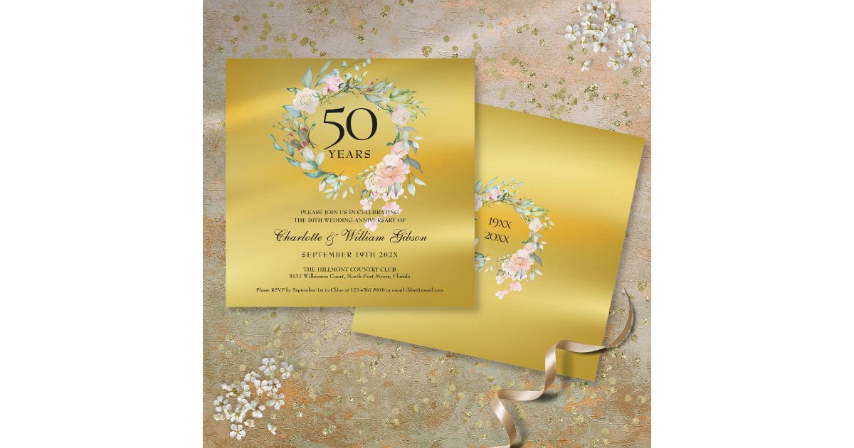 50th Golden Wedding Anniversary Floral Gold Foil Invitation | Zazzle