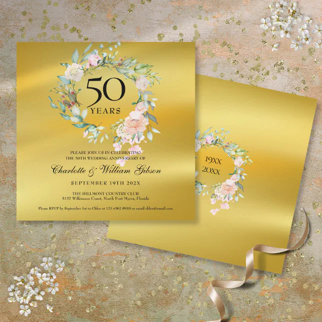 50th Golden Wedding Anniversary Floral Gold Foil Invitation | Zazzle